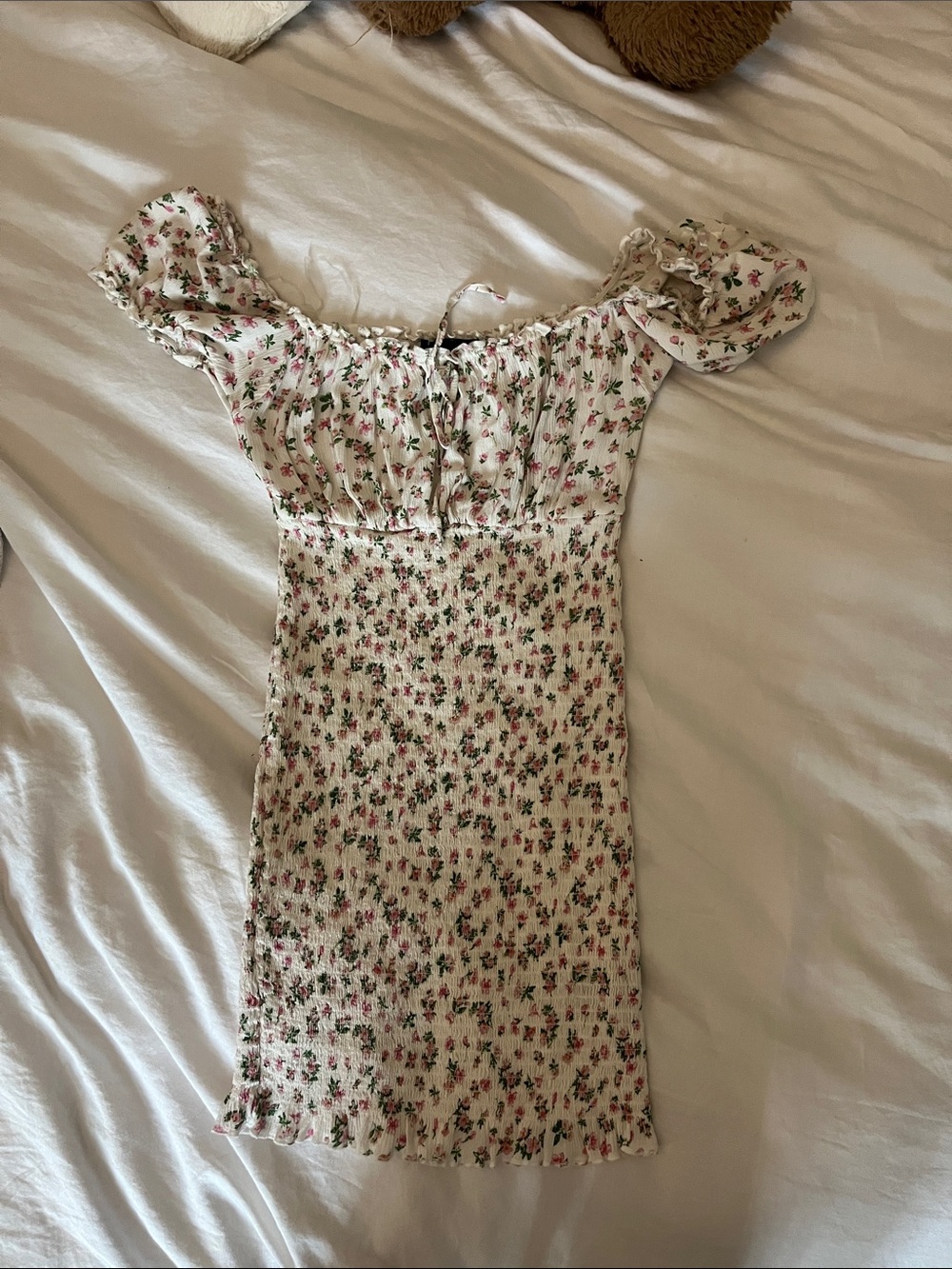 Floral Off-Shoulder Dress in Cream with Pink & Green Print